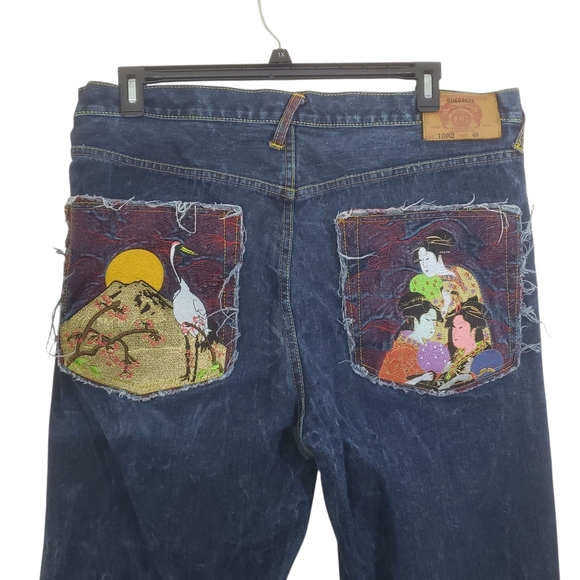 RMC Red Monkey Jeans Embroidered Son of Fuji and Lady Boho Retro Y2K Size 40 - Picture 1 of 14